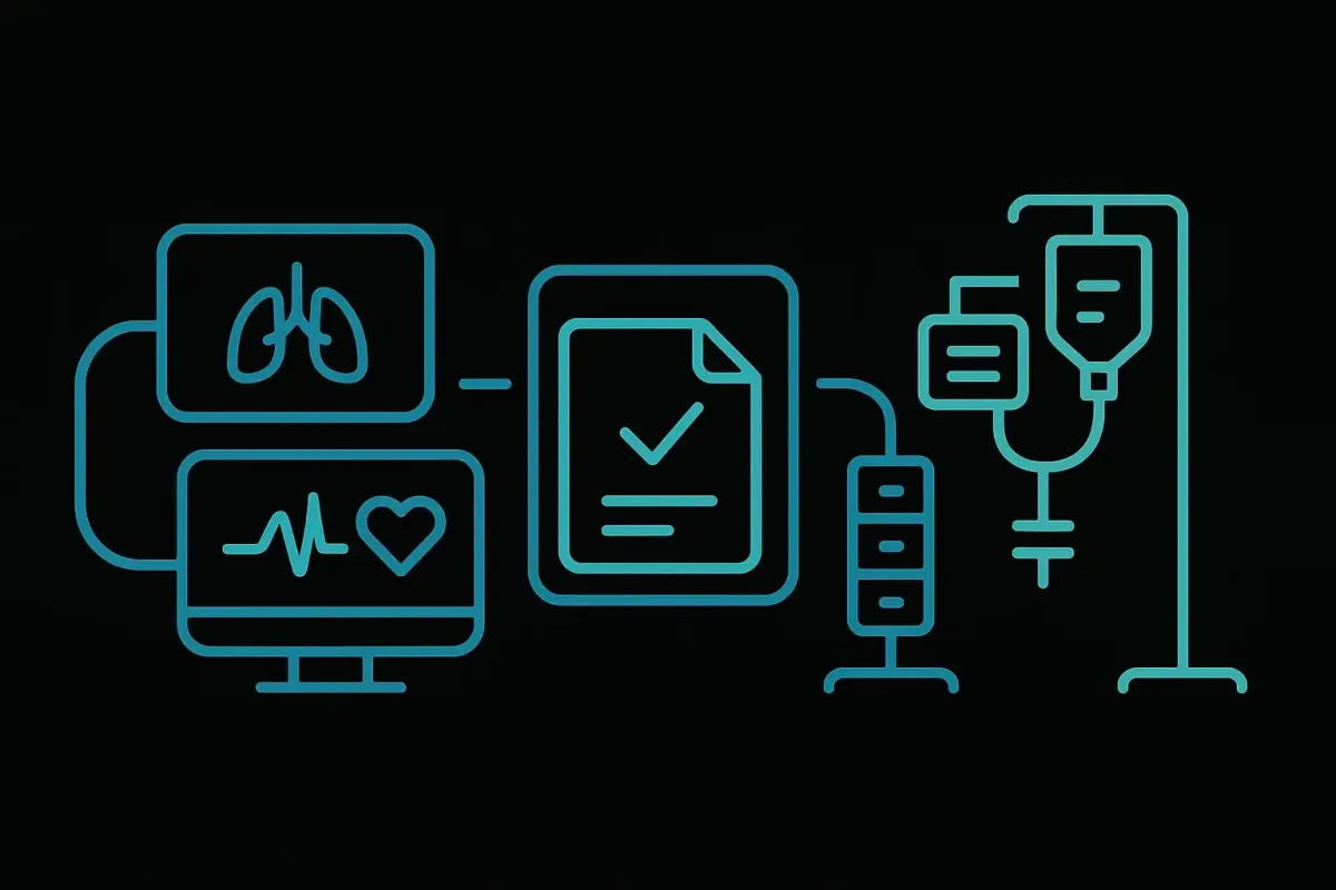Minimalist icon style illustration on a black background showing ventilator, vital signs monitor with lung and heart symbols, infusion pump tower, and shared digital chart icon representing hospital rounds and continuity of pulmonary care at Las Vegas Intensive and Pulmonary Specialists, no people