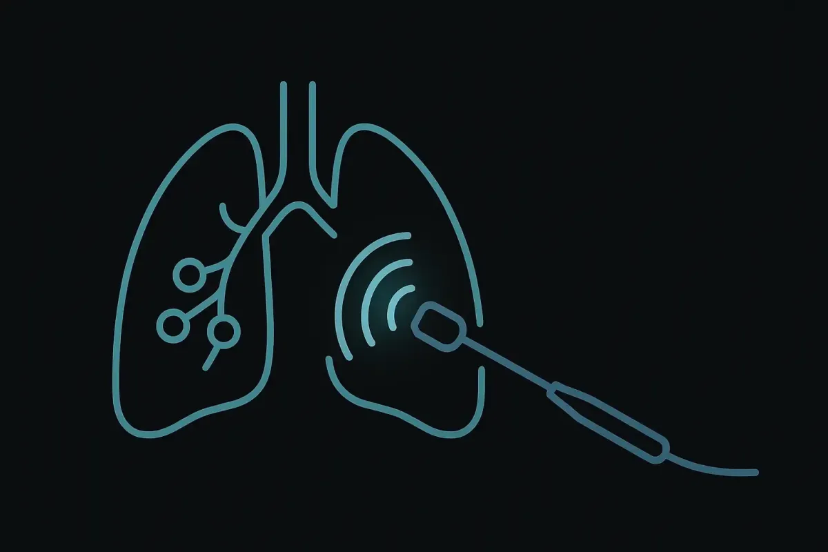 Minimalist icon style illustration on a black background showing a bronchoscope with ultrasound waves scanning a stylized lung and lymph nodes representing Endobronchial Ultrasound EBUS precision diagnostics at Las Vegas Intensive and Pulmonary Specialists, no people