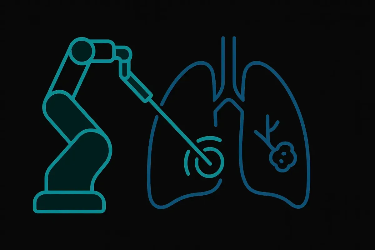 Minimalist icon style image on a black background showing a robotic bronchoscopy arm guiding a bronchoscope into a stylized lung with a nodule target symbol, representing ION Robotic Bronchoscopy precision diagnostics at Las Vegas Intensive and Pulmonary Specialists, no people