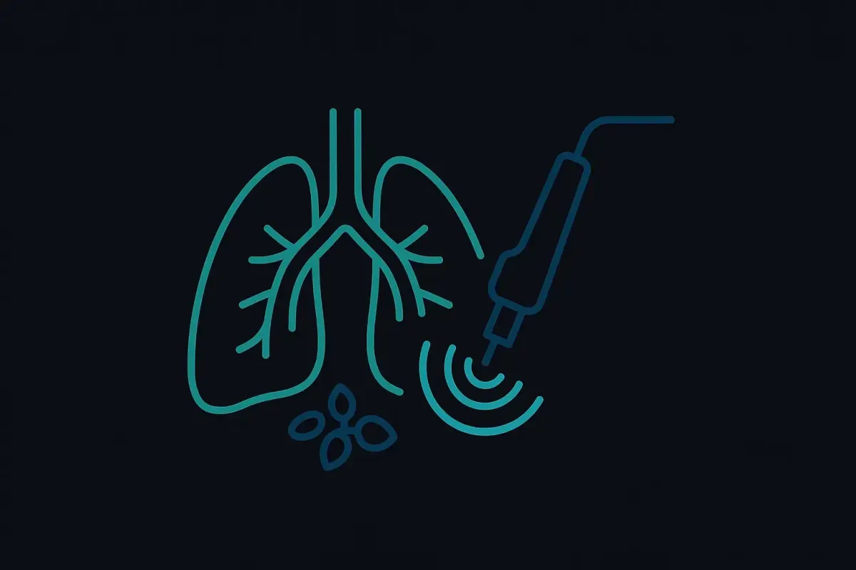 Minimalist icon style image on a black background showing a bronchoscope with ultrasound waves scanning a stylized lung and lymph nodes, representing Endobronchial Ultrasound EBUS diagnostics at Las Vegas Intensive and Pulmonary Specialists, no people