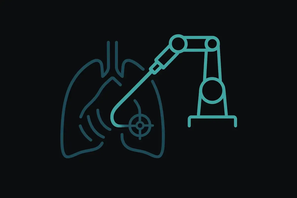 Minimalist icon style image on a black background showing a robotic bronchoscopy arm guiding a bronchoscope into a stylized lung with a targeted nodule symbol, representing ION Robotic Bronchoscopy precision diagnostics at Las Vegas Intensive and Pulmonary Specialists, no people