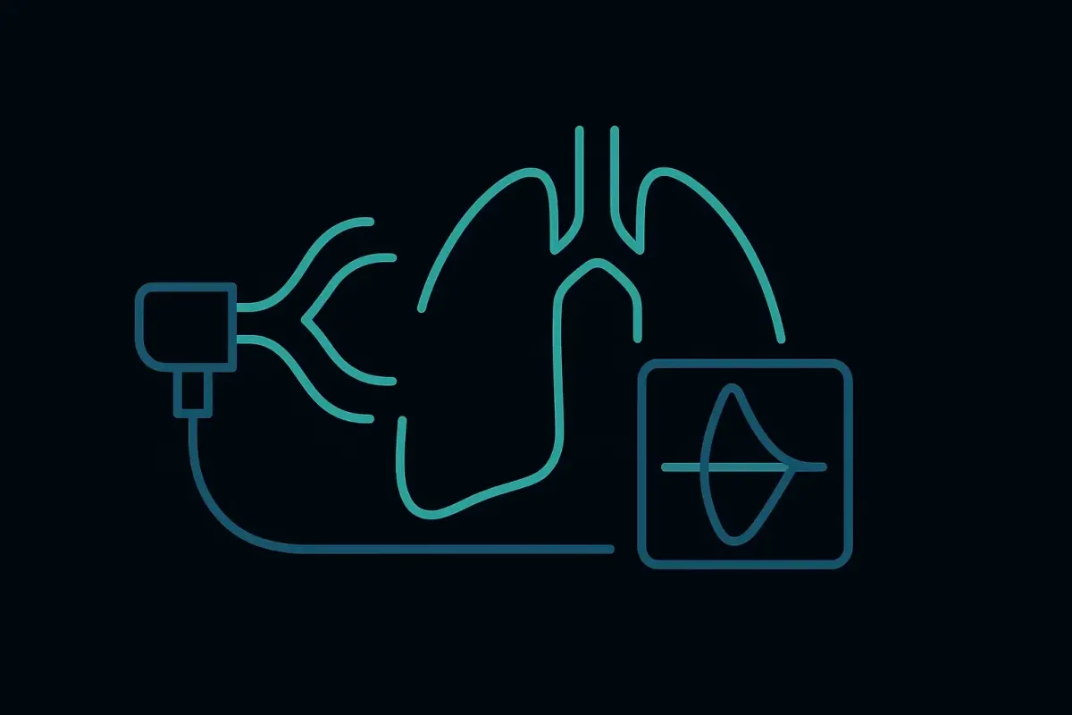 Minimalist icon style image on a black background showing a spirometer mouthpiece with airflow wave lines connecting to a stylized lung and diagnostic chart, representing Pulmonary Function Testing PFT at Las Vegas Intensive and Pulmonary Specialists, no people