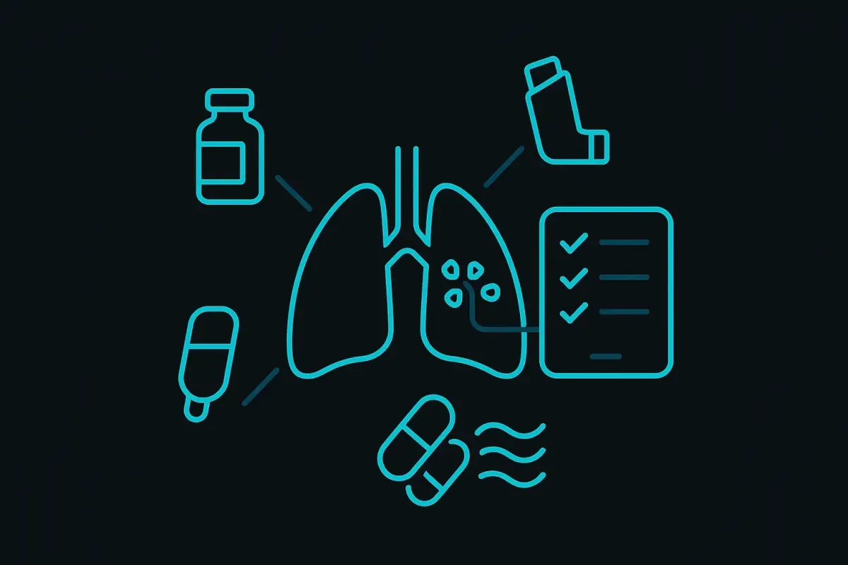 Minimalist icon style image on a black background showing a stylized lung connected to a personalized treatment plan clipboard with medication and inhaler symbols, representing individualized pulmonary care at Las Vegas Intensive and Pulmonary Specialists, no people