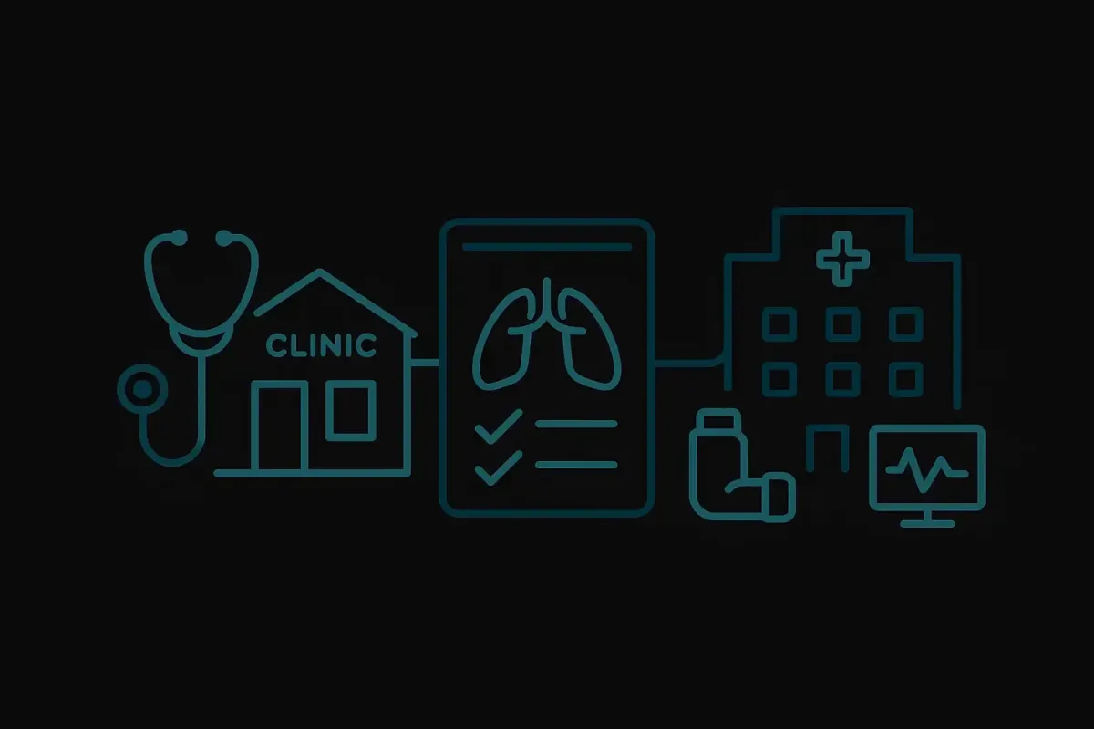 Minimalist icon style image on a black background showing a clinic icon connected to a hospital icon with a shared medical chart symbol representing longitudinal outpatient and inpatient pulmonary care at Las Vegas Intensive and Pulmonary Specialists, no people