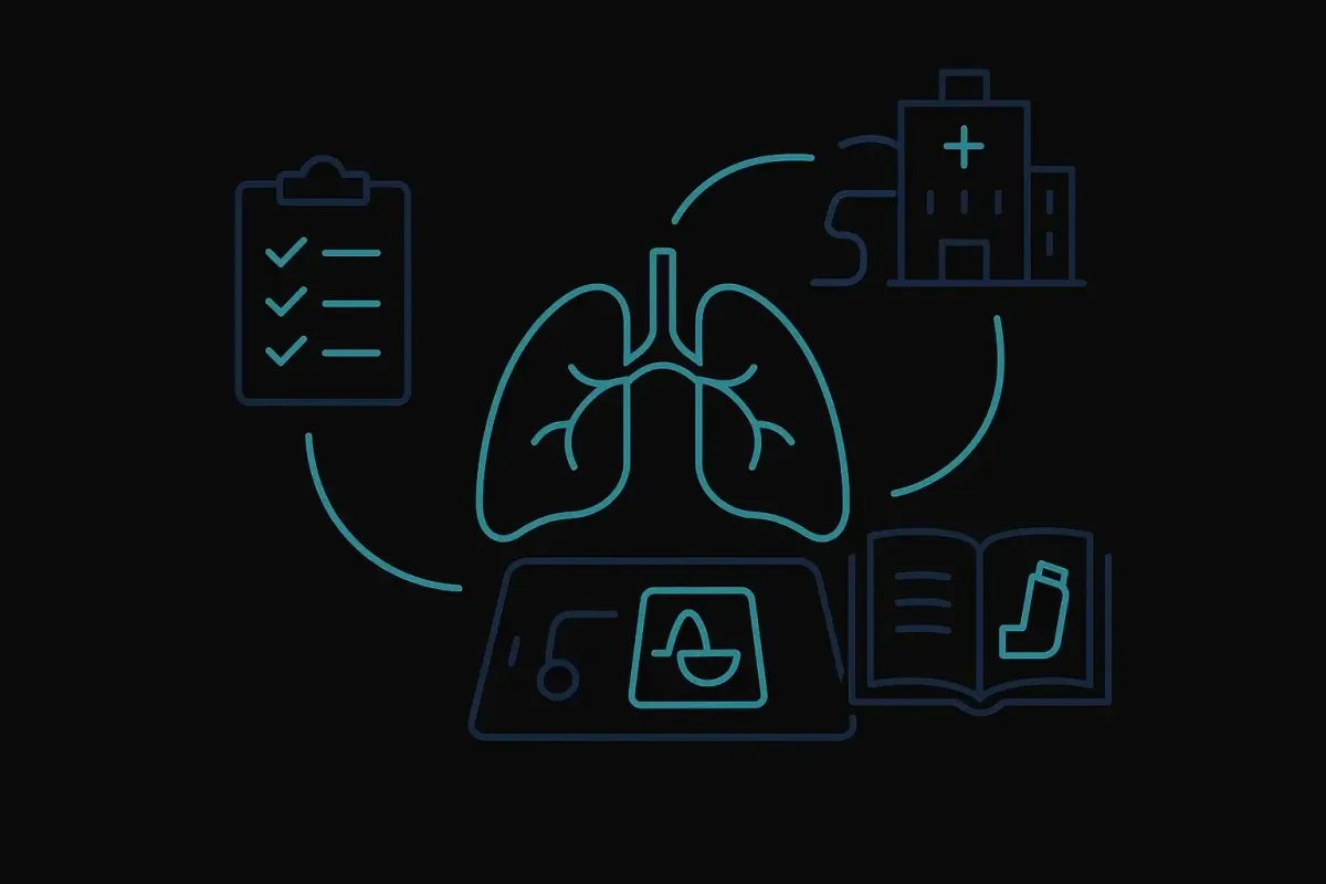 Minimalist icon style image on a black background showing a stylized lung connected to a treatment plan clipboard, a clinic-to-hospital continuity path, and a lung health education symbol, representing patient centered pulmonary care at Las Vegas Intensive and Pulmonary Specialists, no people