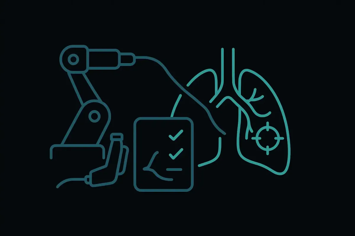 Minimalist icon style image on a black background showing a robotic bronchoscopy arm guiding a bronchoscope into a stylized lung with a targeted nodule symbol, representing ION Robotic Bronchoscopy advanced pulmonary diagnostics at Las Vegas Intensive and Pulmonary Specialists, no people