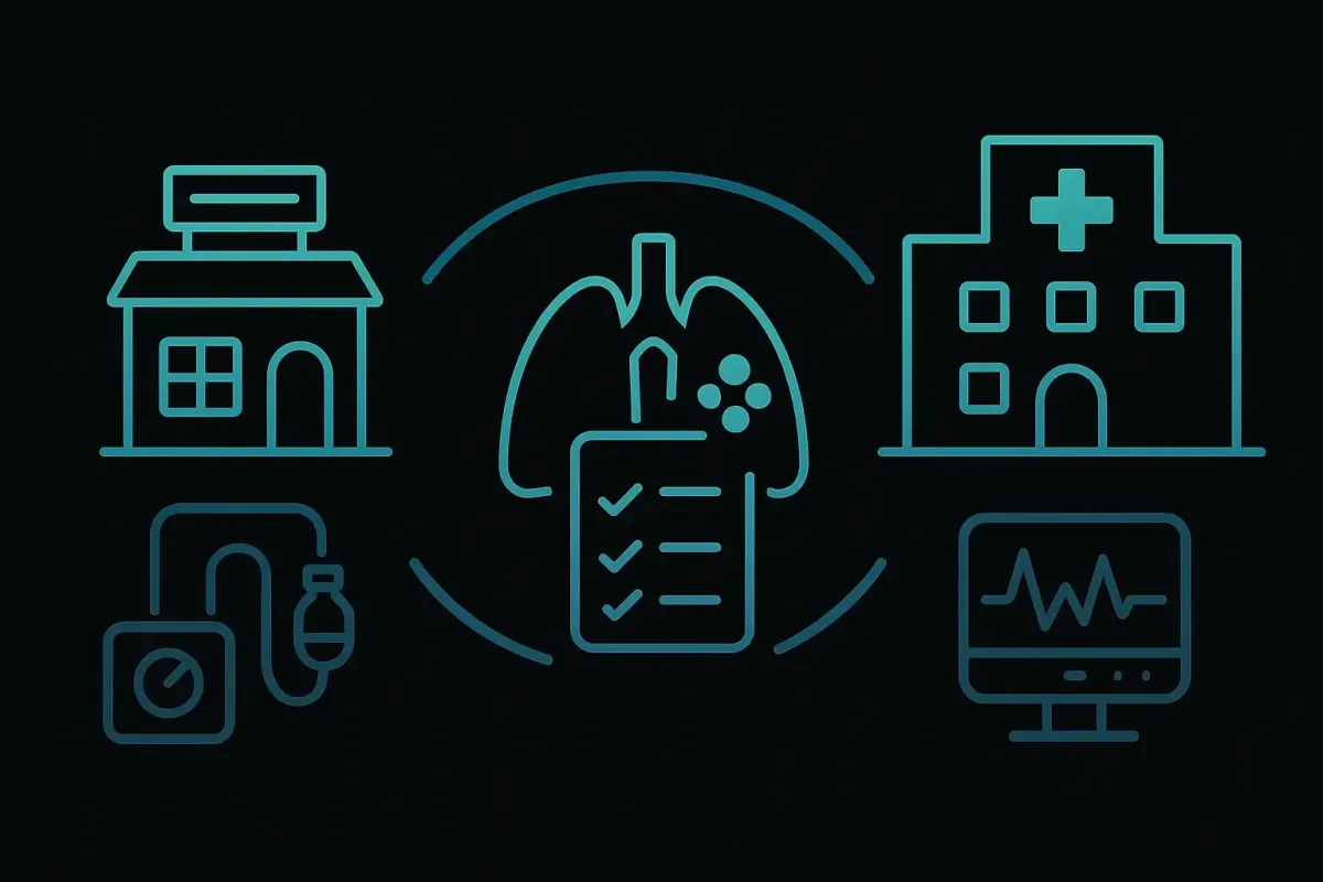 Minimalist icon style image on a black background showing an outpatient clinic icon connected to a hospital icon with a shared digital medical chart symbol, representing hospital rounds and continuity of critical pulmonary care at Las Vegas Intensive and Pulmonary Specialists, no people
