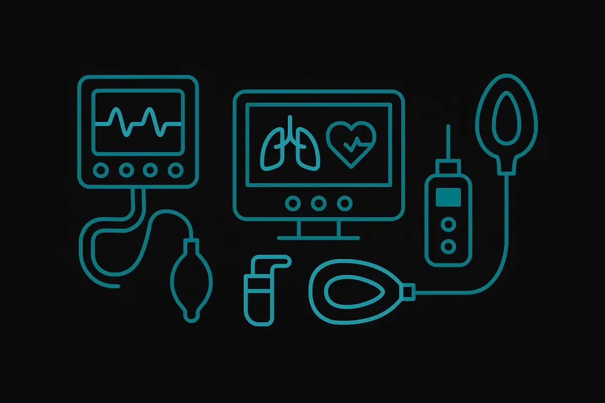 Minimalist icon style image on a black background showing an ICU ventilator, vital signs monitor with lung and heart symbols, and infusion pump icons representing critical care expertise at Las Vegas Intensive and Pulmonary Specialists, no people