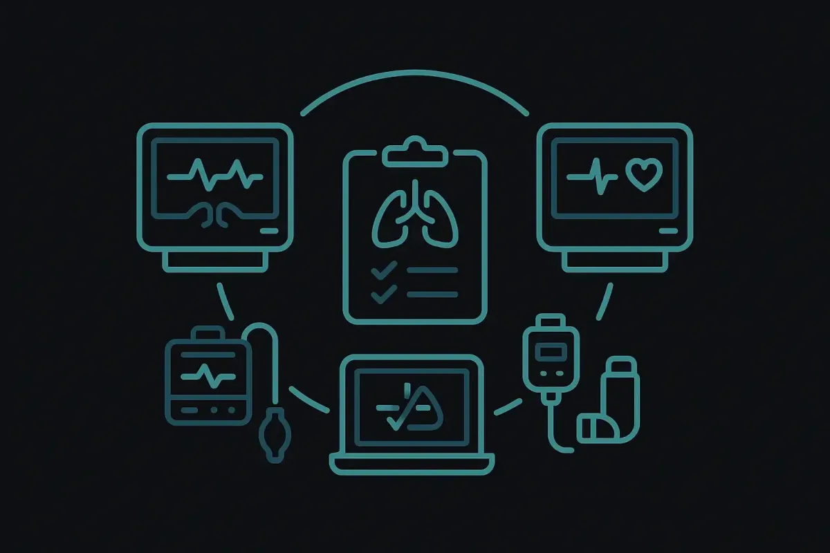 Minimalist icon style image on a black background showing two linked ICU monitor icons and a shared care plan chart symbol, representing collaborative critical care coordination at Las Vegas Intensive and Pulmonary Specialists, no people