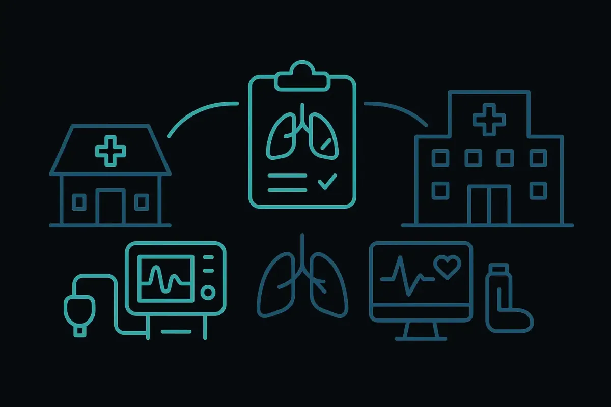 Minimalist icon style image on a black background showing a clinic icon connected to a hospital icon with a shared care communication chart and symbols for ventilator, lung, and vital signs monitoring, representing continuity of critical pulmonary care at Las Vegas Intensive and Pulmonary Specialists, no people