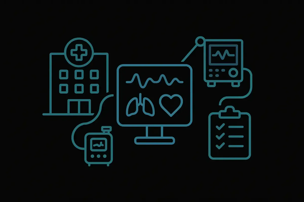 Minimalist icon style image on a black background showing a hospital icon, bedside vital signs monitor with lung and heart symbols, ventilator and medical chart icons, representing inpatient and ICU pulmonary care and hospital rounds at Las Vegas Intensive and Pulmonary Specialists, no people