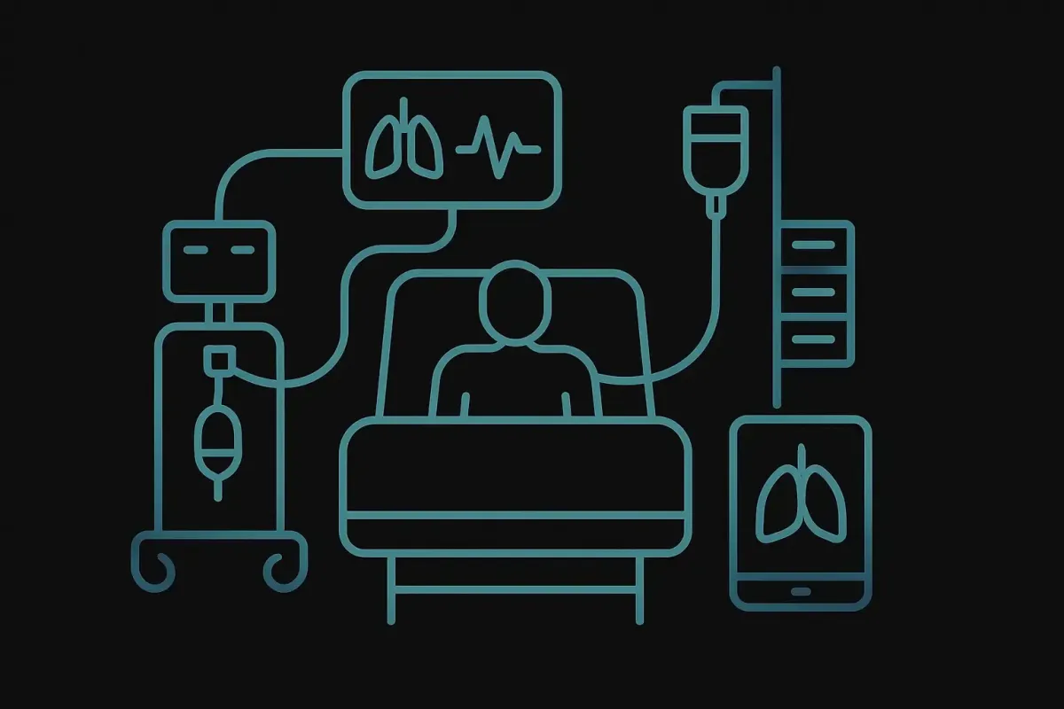 Minimalist ICU patient management icon on a black background featuring an ICU bed, vital signs monitor with lung and heart indicators, ventilator and infusion pump symbols, representing inpatient and critical care at Las Vegas Intensive and Pulmonary Specialists, no people