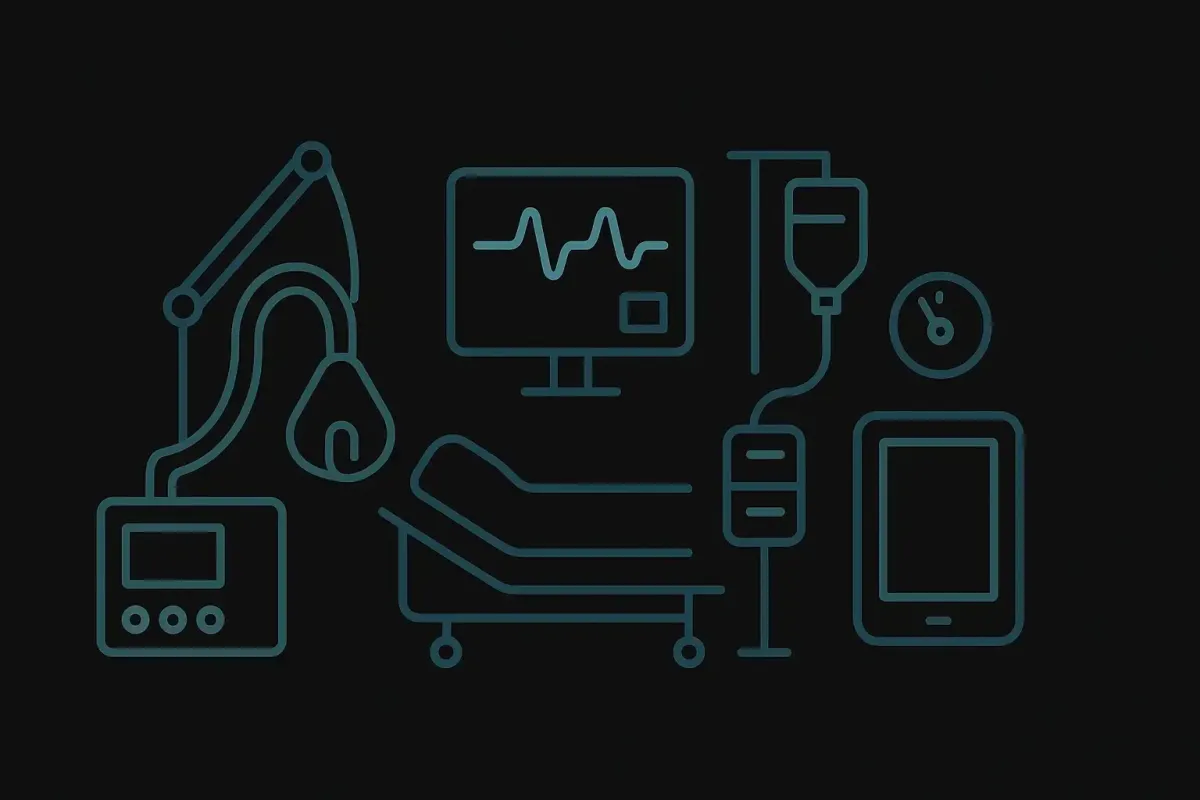 Advanced mechanical ventilation and airway support icon on a black background with ventilator system, airway mask, vital signs monitor and oxygen supply elements in teal and navy blue, representing inpatient ICU care at Las Vegas Intensive and Pulmonary Specialists, no people