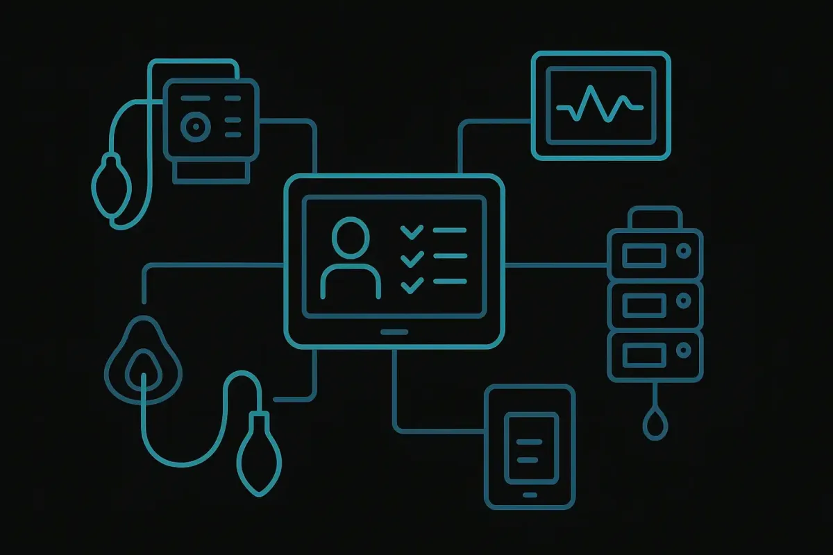 Icon representing multidisciplinary ICU care coordination on a black background with interconnected ventilator, vital signs monitor, infusion pump and airway management symbols linked to a central digital care planning device in teal and navy blue for Las Vegas Intensive and Pulmonary Specialists, no people