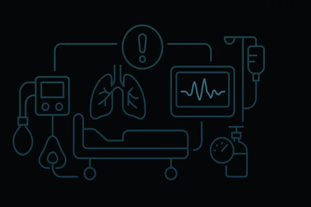 Rapid response acute respiratory condition icon on a black background with emergency lung symbol, vital signs monitor, ventilator and oxygen equipment in teal and navy blue for Las Vegas Intensive and Pulmonary Specialists, no people