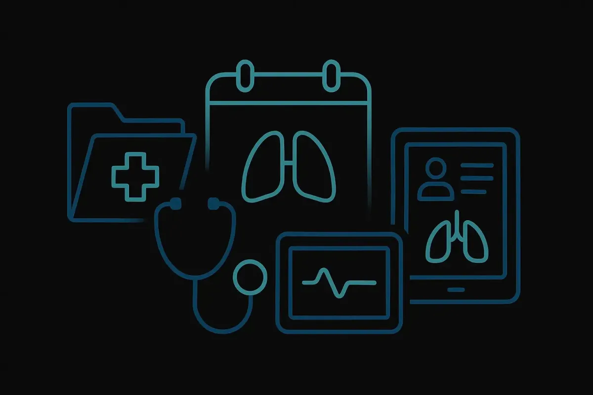 Post hospital follow up icon on black background with calendar, stethoscope, digital patient chart and lung recovery symbols in teal and navy blue for Las Vegas Intensive and Pulmonary Specialists, no people