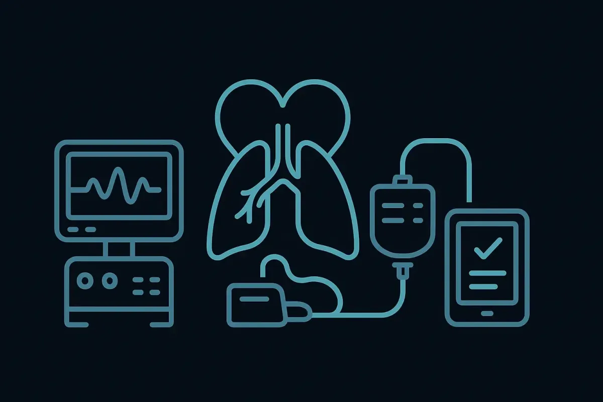 Compassionate critical care icon on black background featuring heart and lung symbols, ICU monitor, ventilator, and digital care coordination elements in teal and navy blue for Las Vegas Intensive and Pulmonary Specialists, no people