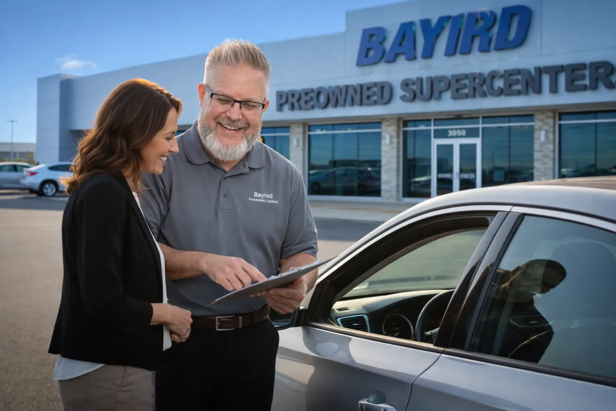 Friendly automotive advisor talking with a customer at a car lot