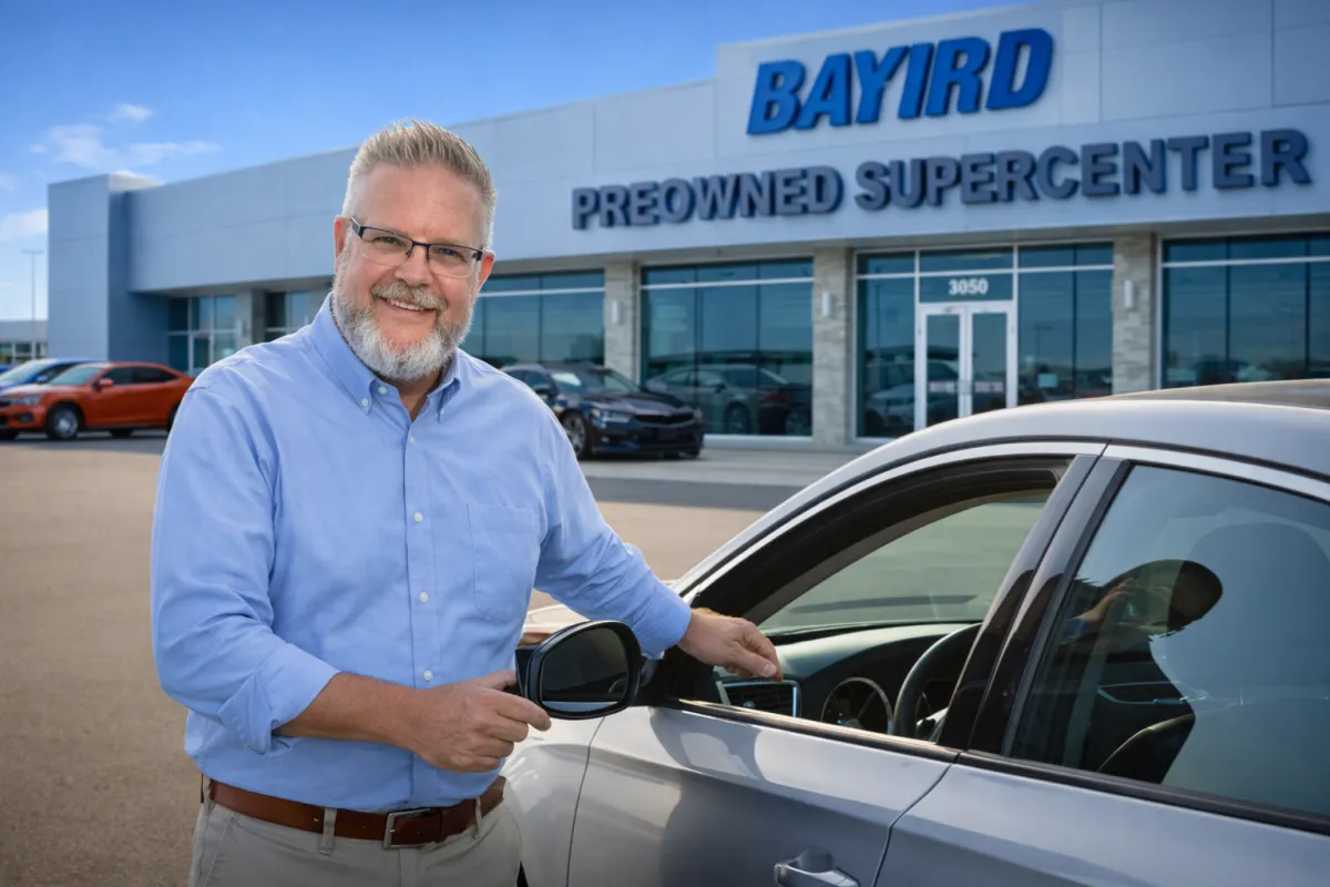 Smiling automotive advisor standing next to a modern car