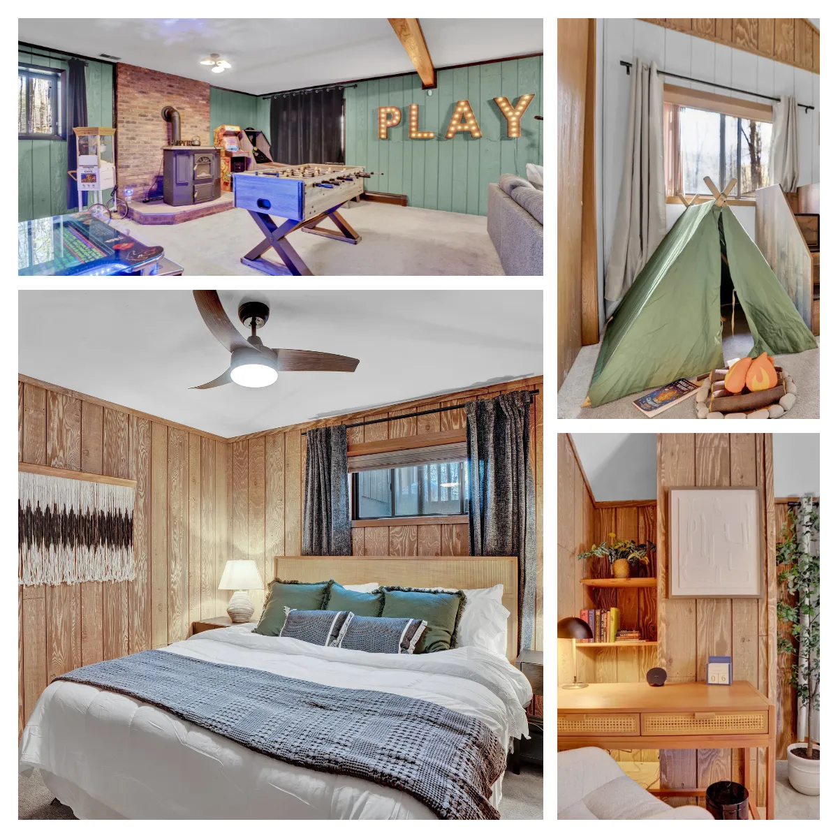 Upper floor kids' bunk room, versatile loft, second bath a the Idyllic Pocono's top floor