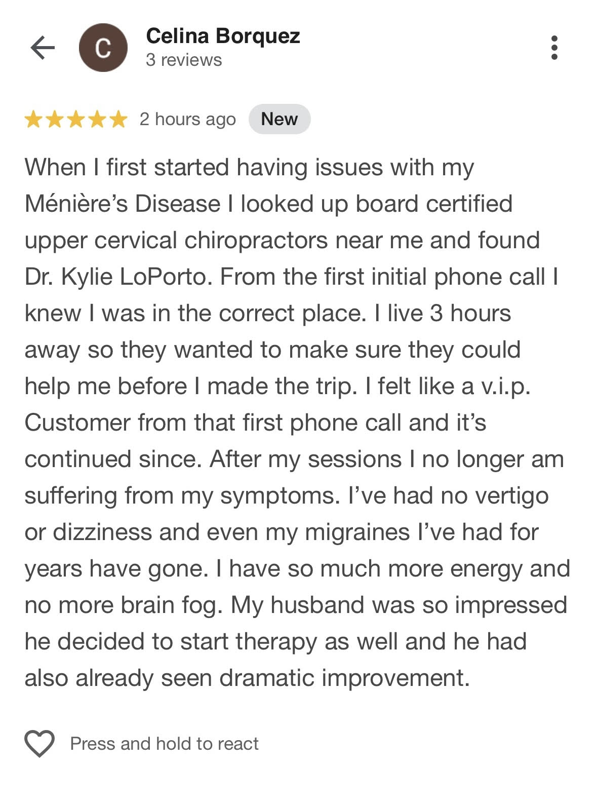 Patient's 5 star google review