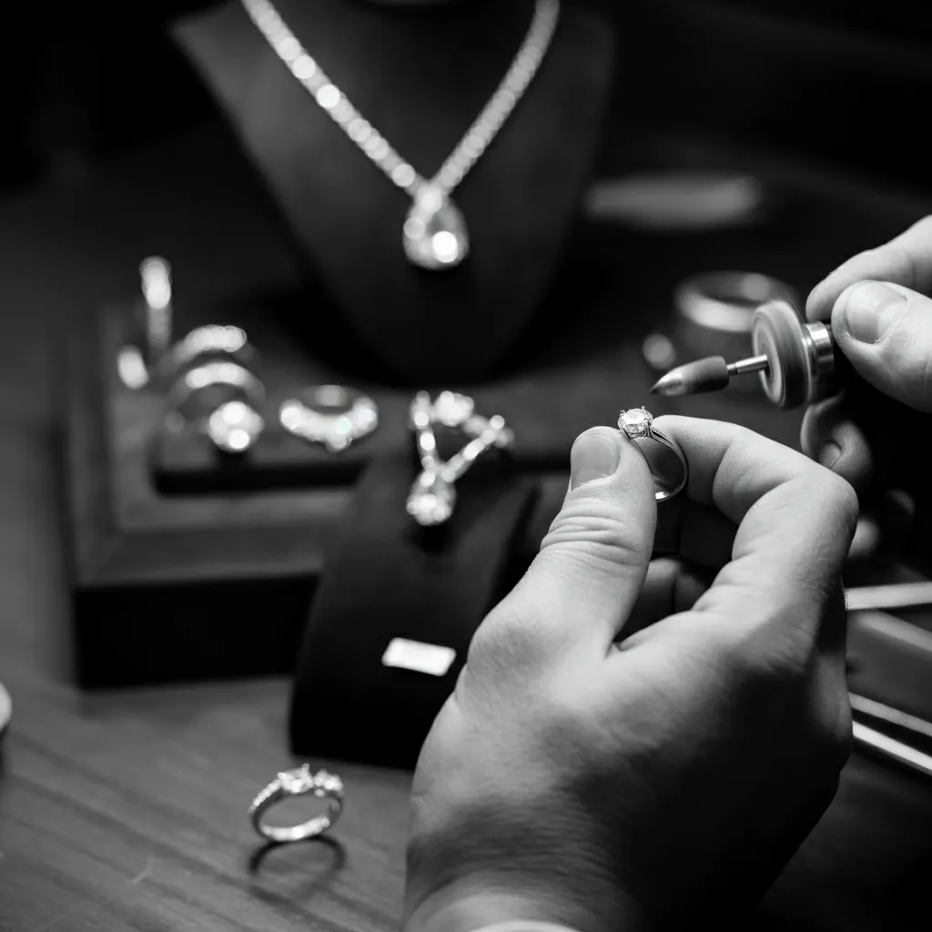 Black and white image of a jeweler's hands meticulously polishing a diamond ring, emphasizing craftsmanship and luxury in a workshop setting with other high-end jewelry.