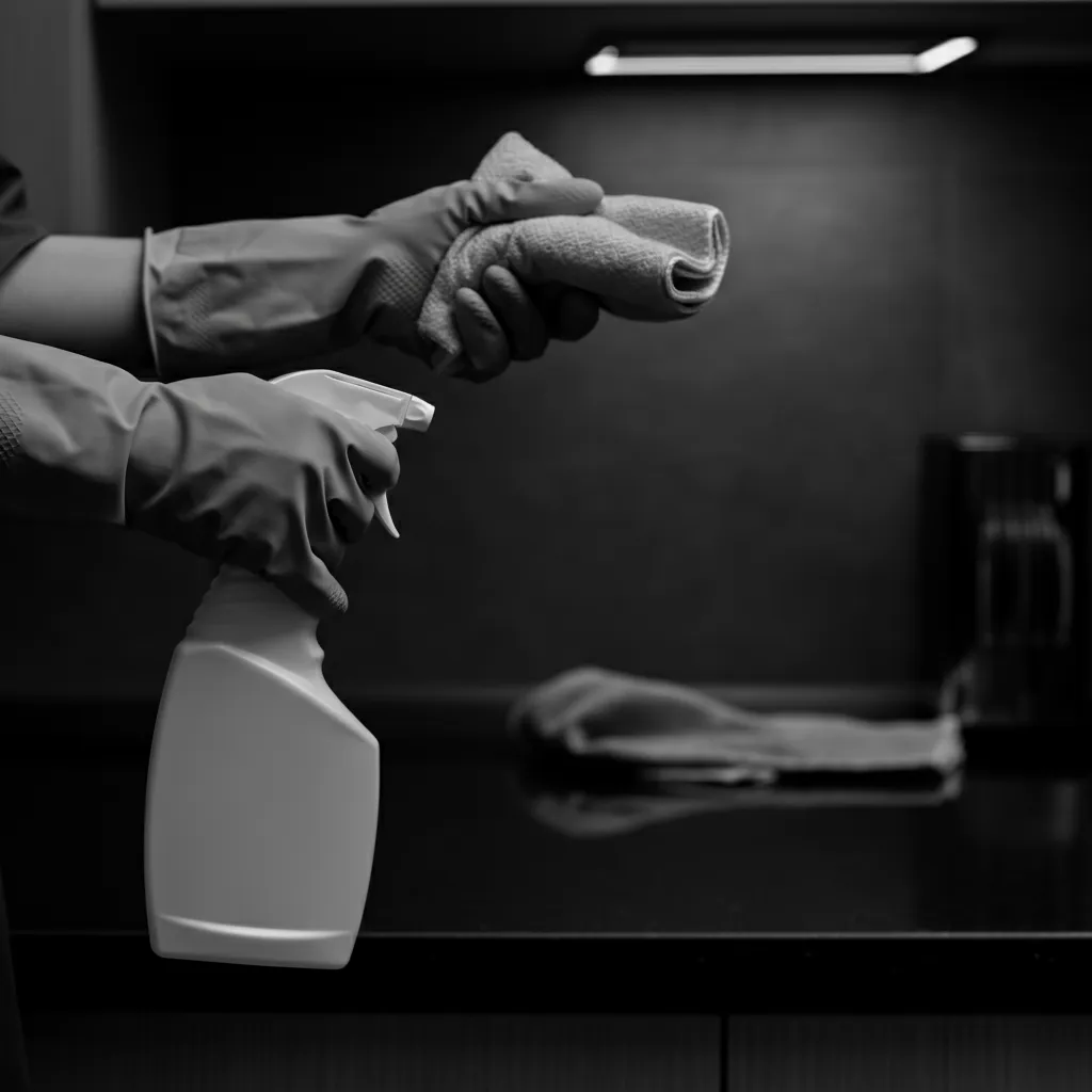 Black and white image of gloved hands holding a spray bottle and cloth, poised to clean a dark, reflective kitchen counter, emphasizing hygiene and efficiency.