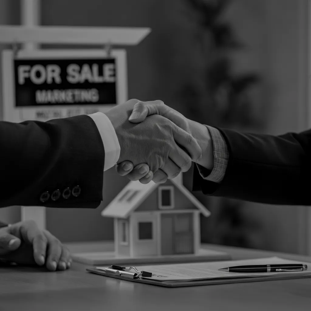 Black and white image of a handshake between two professionals over a miniature house model and documents, symbolizing a successful real estate transaction or business agreement.