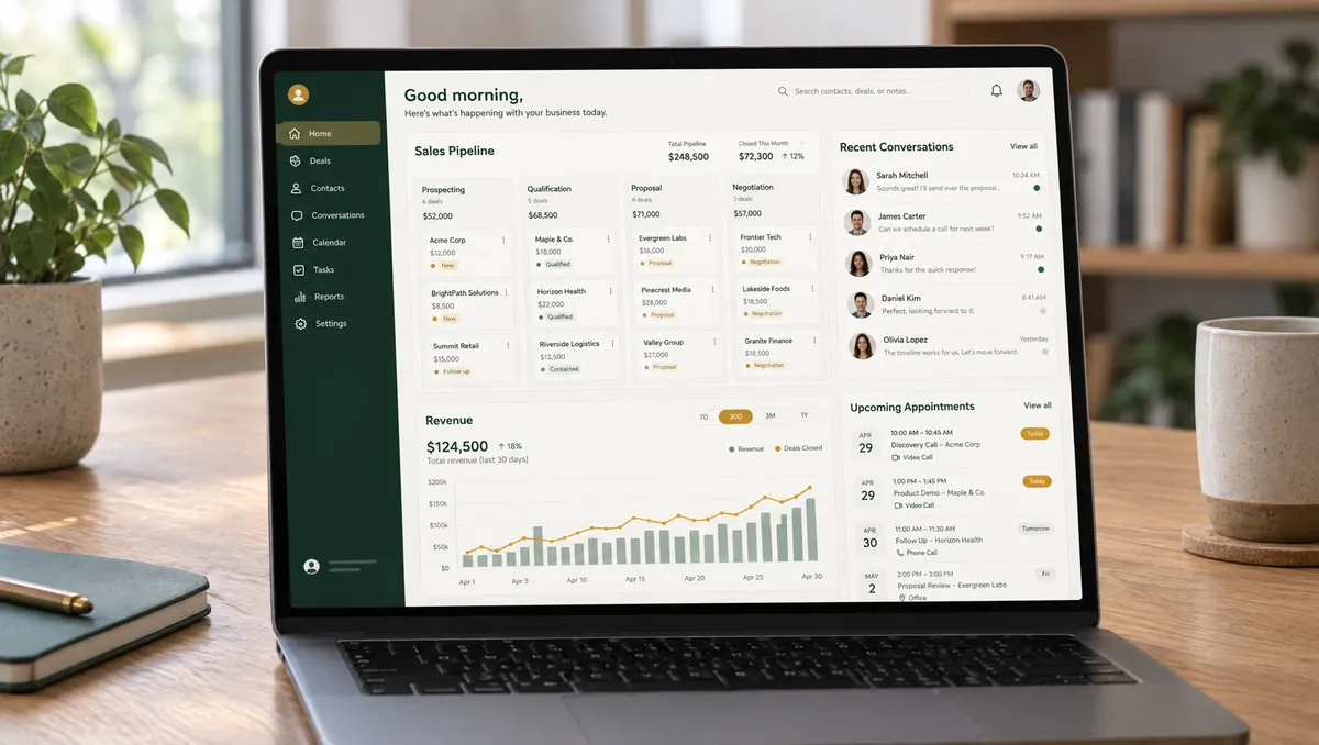 Editorial photo of a sleek desk displaying CRM data pipelines and client management dashboards