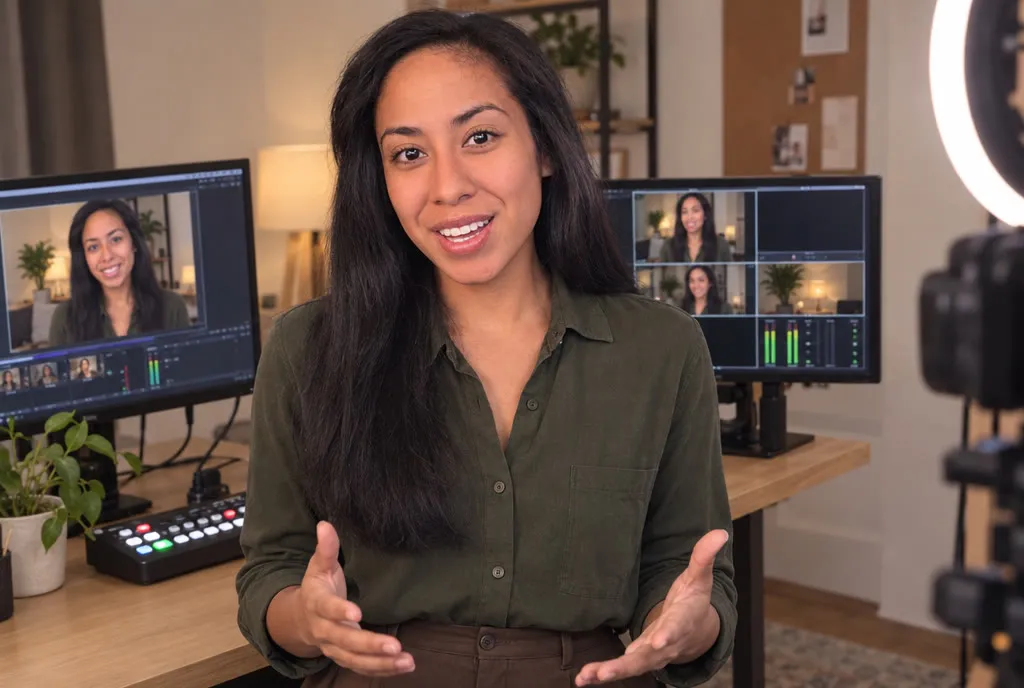 Warm studio setting with a professional cinema camera rig, lighting gear, and creative director editing