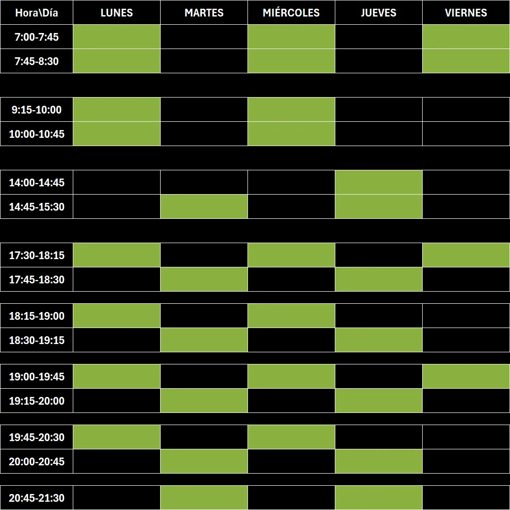 tabla con horario de clases del centro