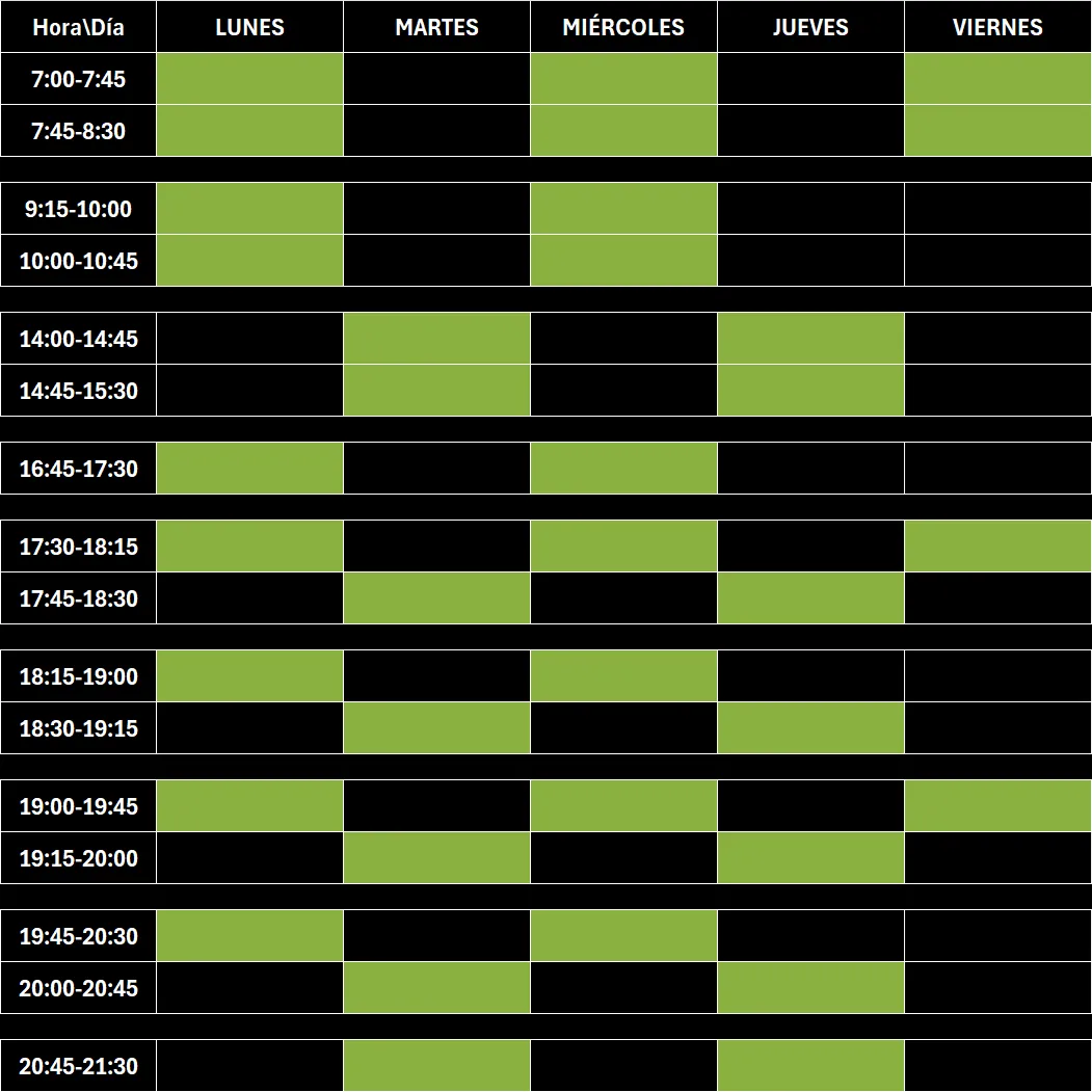 tabla con horario de clases del centro