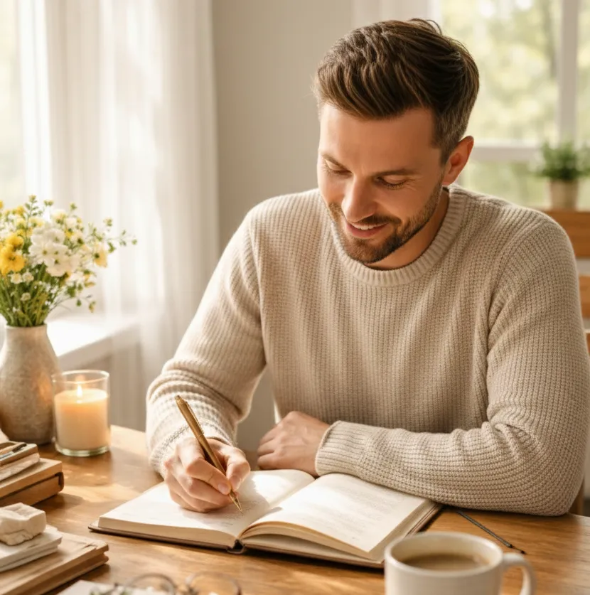 Uomo che scrive su un quaderno in un ambiente calmo, lavoro personale e integrazione operativa
