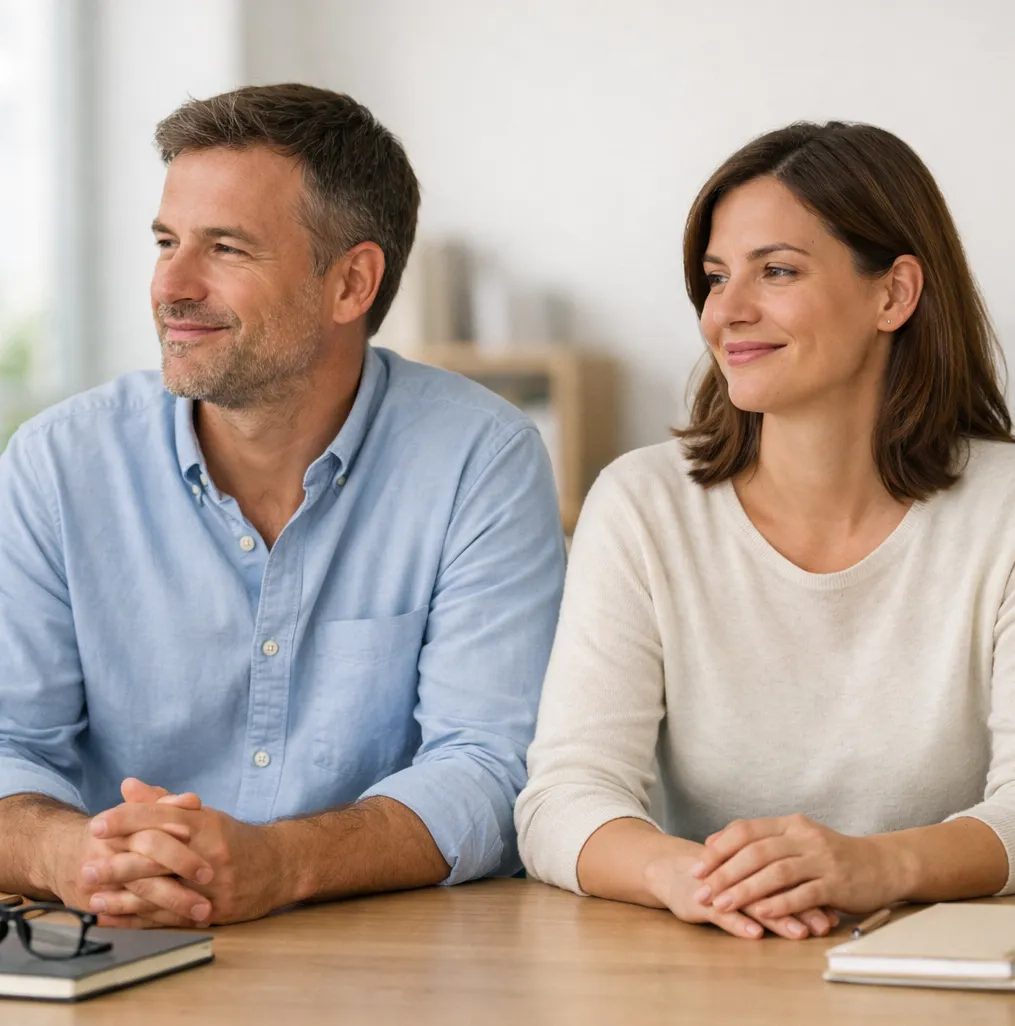 Uomo e donna seduti a un tavolo di lavoro, atteggiamento calmo e consapevole, esperienza di allineamento nel business