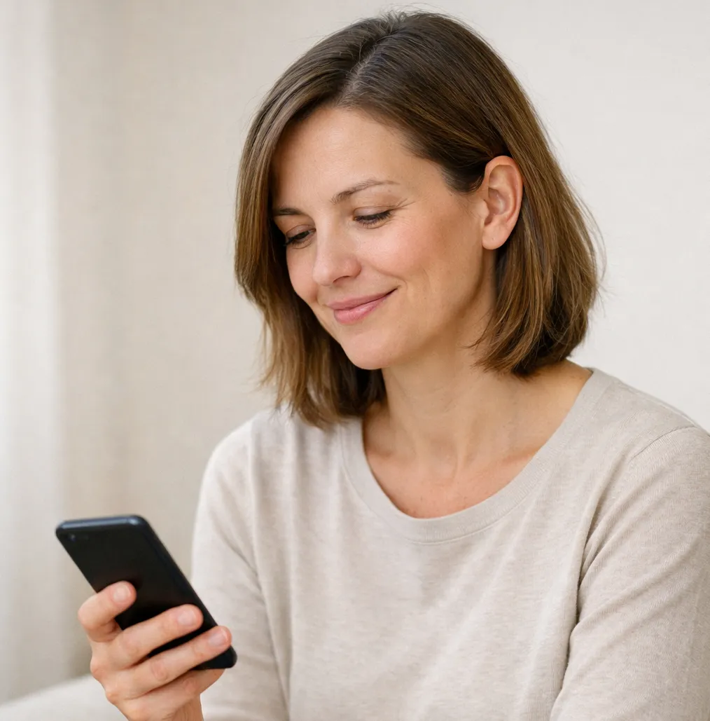 Donna imprenditrice serena su sfondo blu, concetto di allineamento identità e decisioni