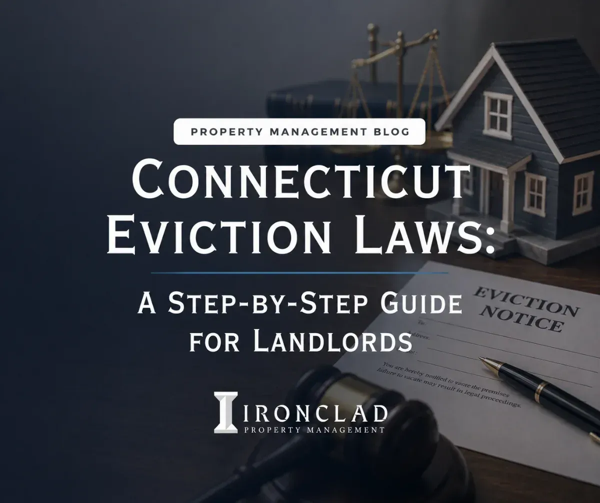 A guide to Connecticut eviction laws for landlords by Ironclad Property Management, featuring legal icons like a gavel and scales of justice.
