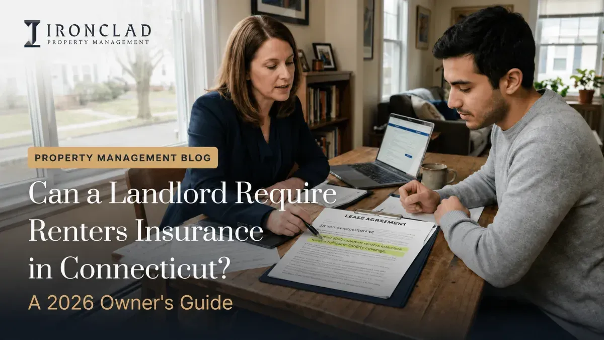 Property manager highlights a renters insurance clause within a lease agreement to a potential tenant, promoting an Ironclad Property Management blog post about landlord requirements for renters insurance in Connecticut.