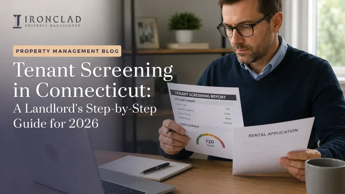 A man in glasses reviews a 'Tenant Screening Report' and 'Rental Application', with the blog post title 'Tenant Screening in Connecticut: A Landlord's Step-by-Step Guide for 2026' overlaid. The report shows a 720 'Good' credit score, clear criminal background, no eviction history, and verified rental history.