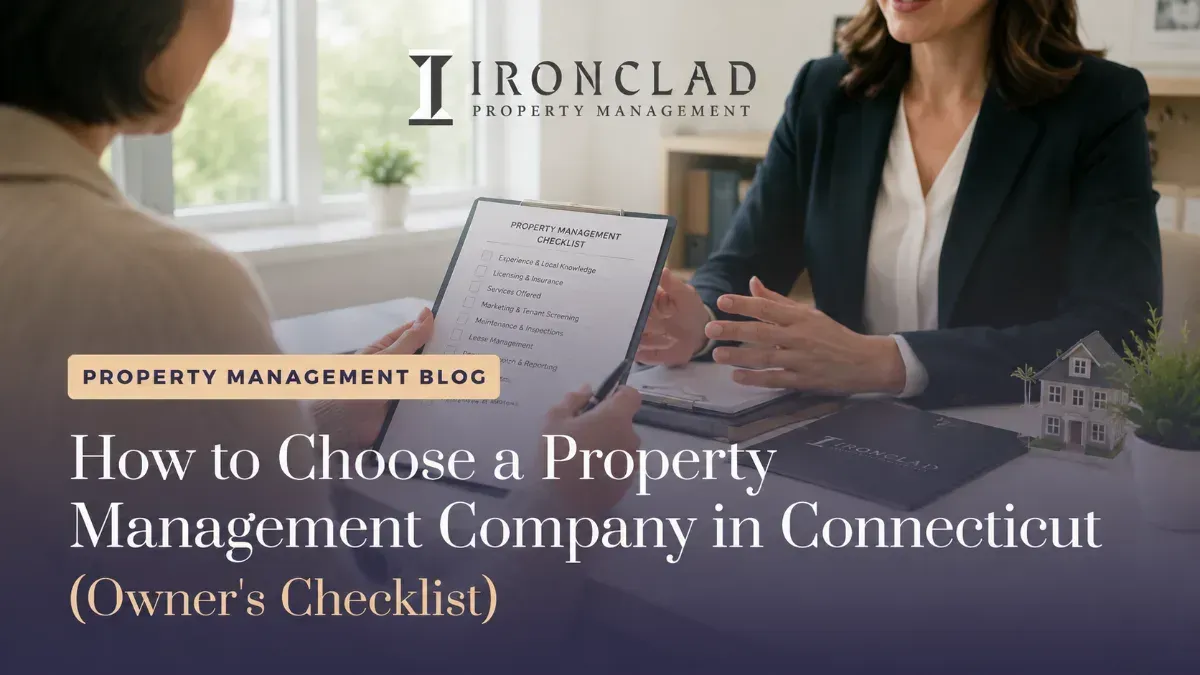 Two professionals review a 'PROPERTY MANAGEMENT CHECKLIST' for selecting property management companies in Connecticut. One person points to the document, highlighting key criteria for choosing a property manager. The scene includes the Ironclad Property Management logo and a model house.