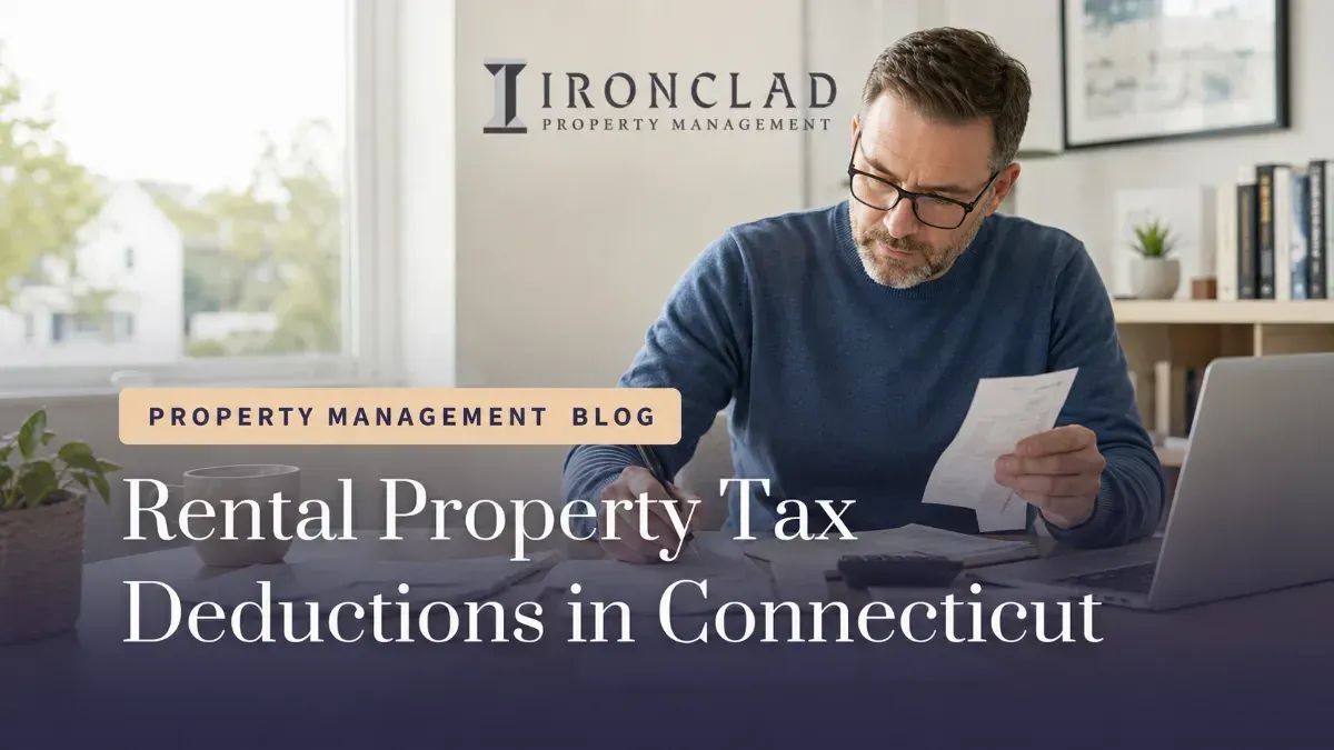 Man reviewing financial documents for rental property tax deductions in Connecticut, with 'Ironclad Property Management' logo and blog title visible.