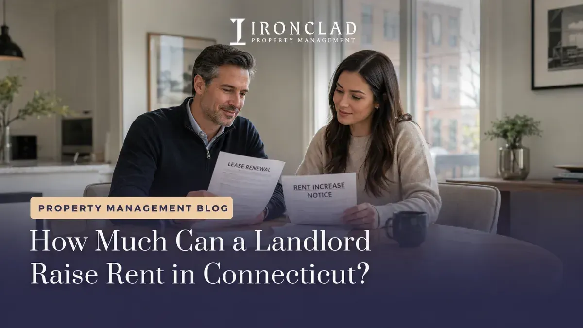 A man and woman review a lease renewal and a rent increase notice, discussing property management and tenant concerns related to rent hikes in Connecticut.