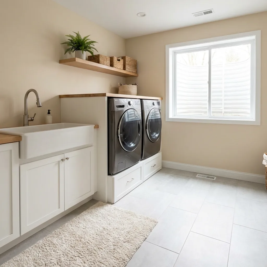 A modern Laundry section added to a Basement in Philadelphia that was remodeled by NK Construction and Design.