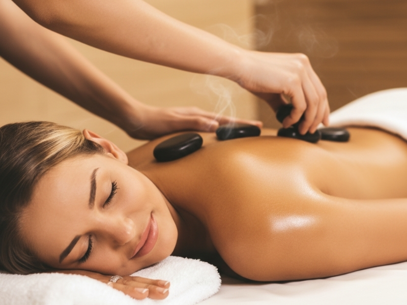 Hot stone massage at Ok Thai Spa & Nails using heated stones to relax muscles, reduce stress, and improve circulation