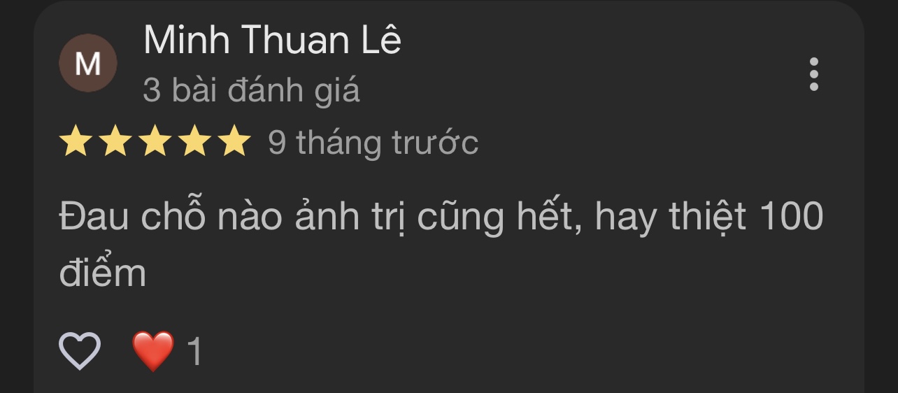 Đánh giá 5 sao của khách sau khi trải nghiệm dịch vụ trị liệu cơ tại Zheng Sport