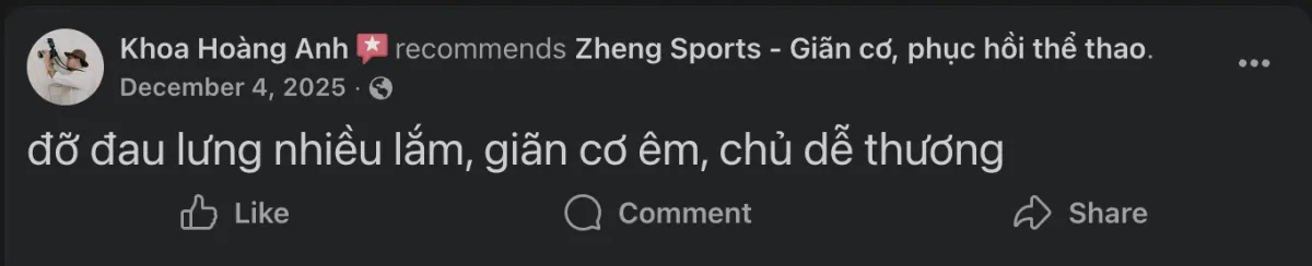 Khách hàng chia sẻ trải nghiệm đỡ đau lưng và giãn cơ hiệu quả tại Zheng Sport Cần Thơ