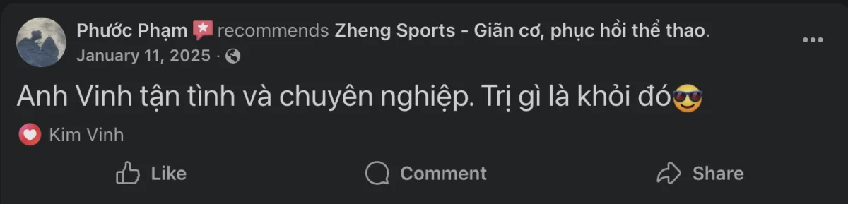 Khách hàng đánh giá sự tận tình và hiệu quả trị liệu tại Zheng Sport