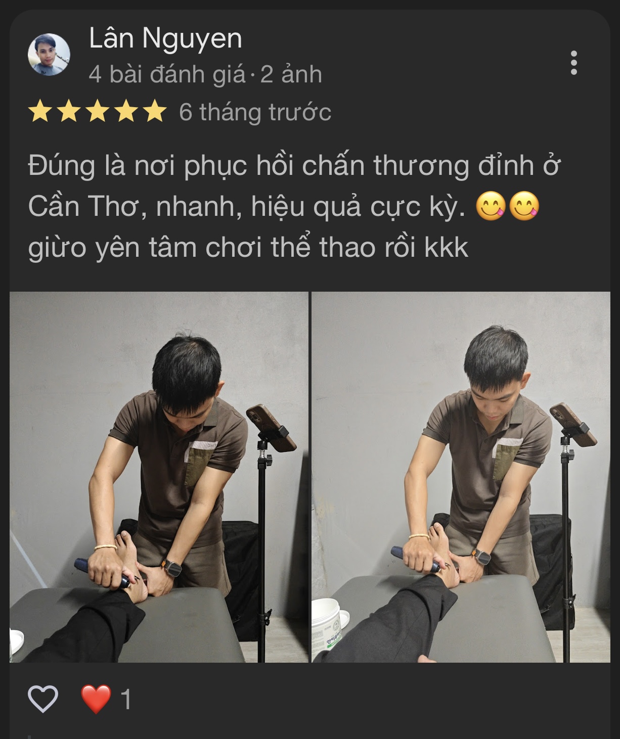 Khách hàng chia sẻ trải nghiệm phục hồi chấn thương và massage trị liệu tại Zheng Sport Cần Thơ