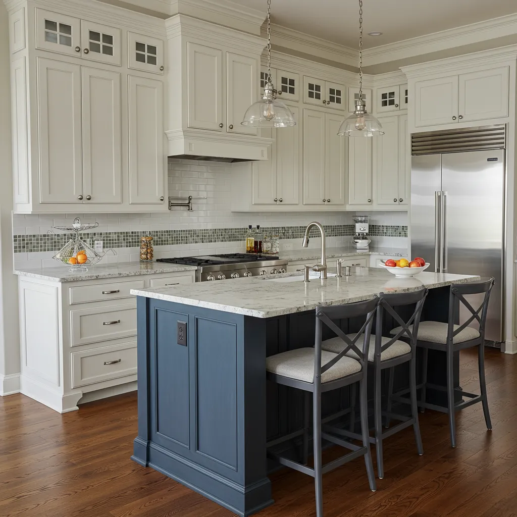 White shaker and navy kitchen cabinet installation with quartz countertops Fort Myers FL