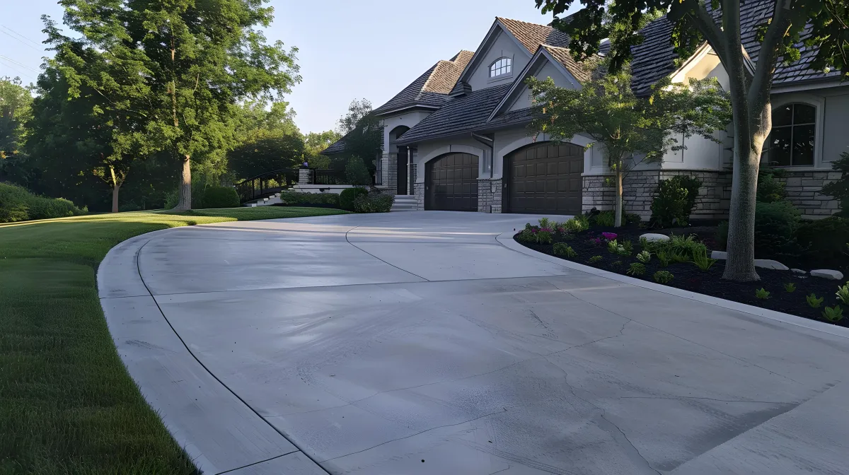 Freshly sealed curved concrete driveway at residential home in Spring Hill, Tennessee