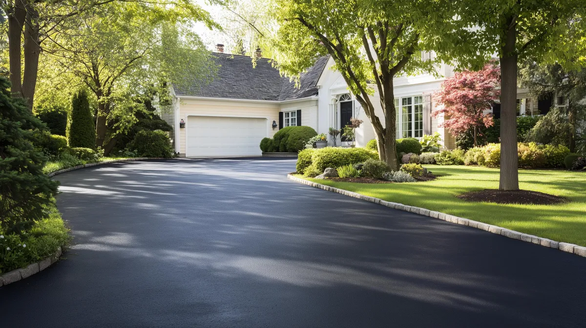 Seal-coated asphalt parking lot showing smooth black finish and professional pavement protection